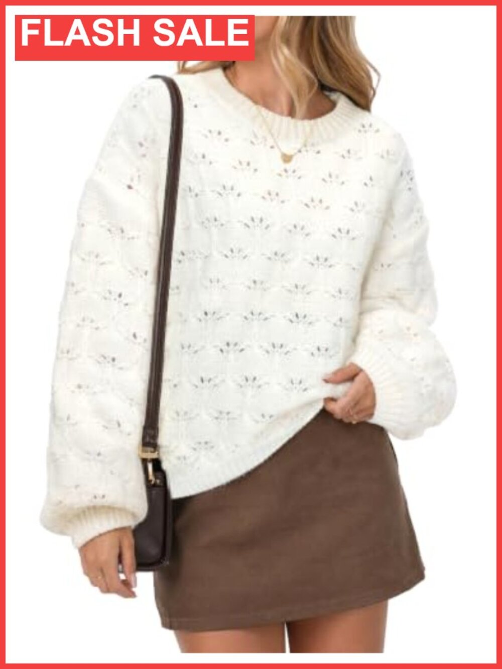 Womens Cropped Crewneck Pullover Sweater Lantern Sleeve Knit Top